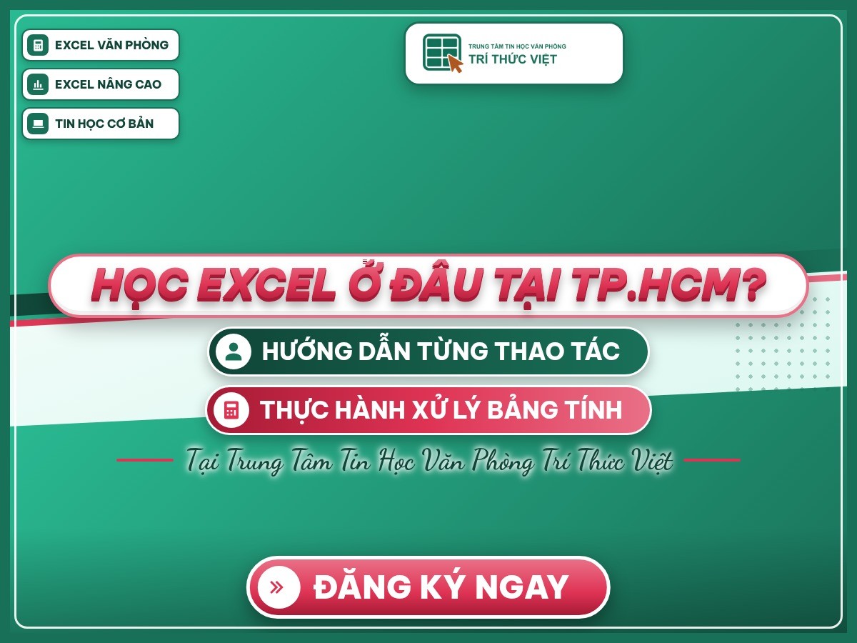 Poster “Học Excel ở đâu tại TP.HCM?” trên nền thương hiệu Trí Thức Việt, giới thiệu các khóa tin học.