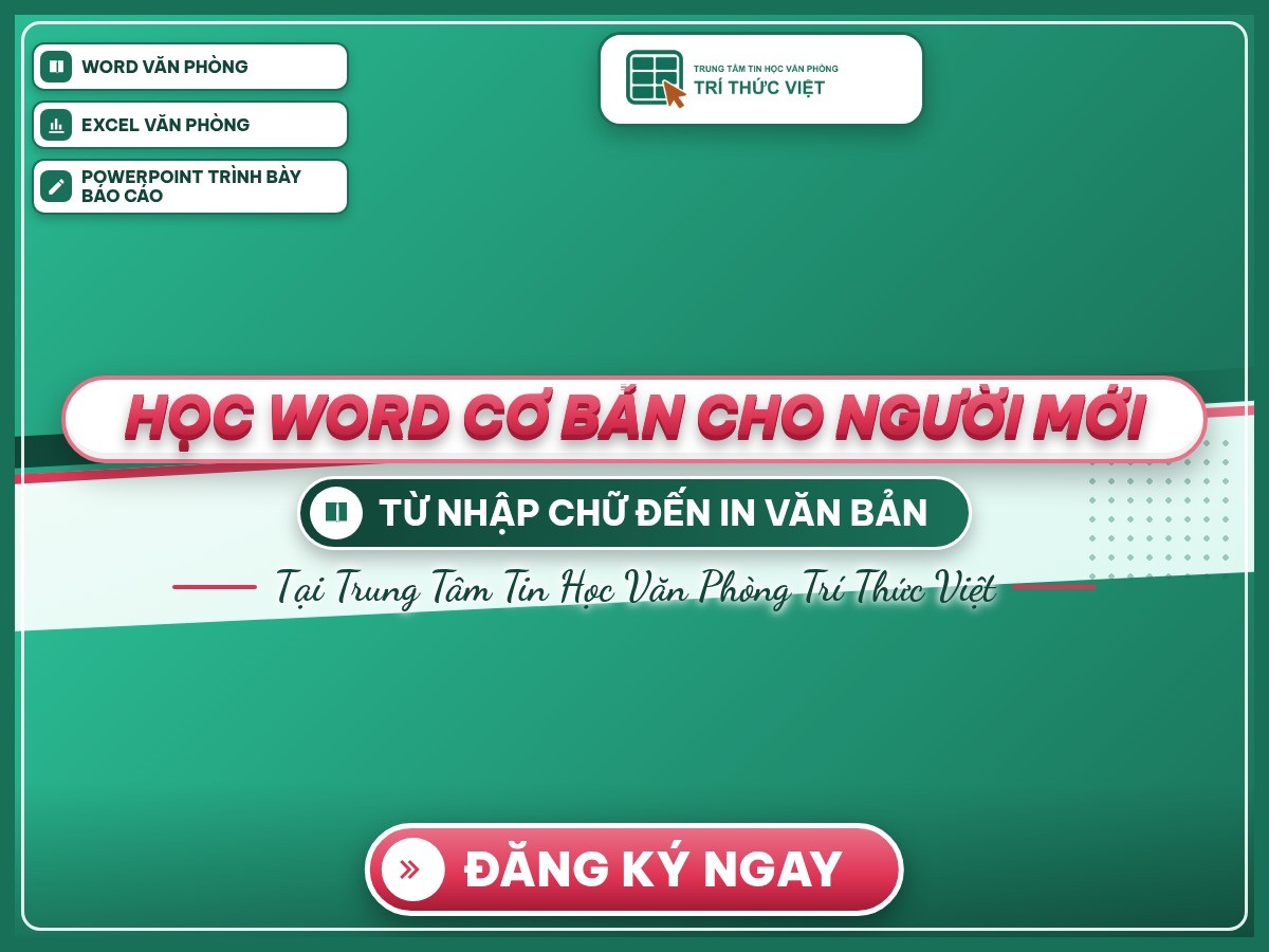 Poster “Học Word cơ bản cho người mới” trên nền thương hiệu, giới thiệu học Word cơ bản cho người mới bắt đầu.