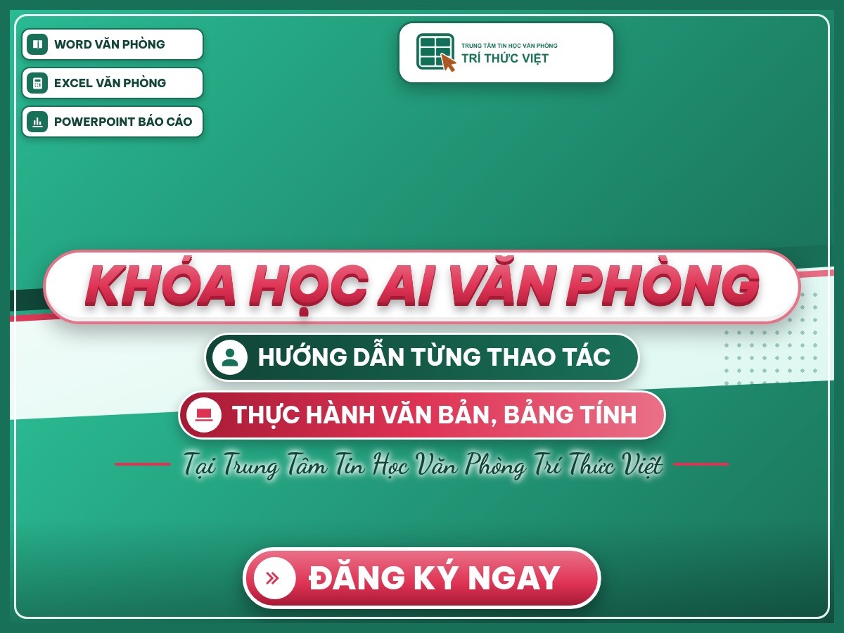Poster Khóa học AI văn phòng trên nền thương hiệu Trí Thức Việt, giới thiệu Word, Excel và PowerPoint.