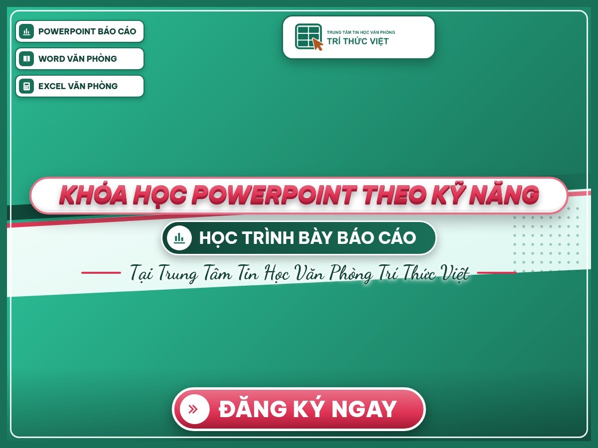 Poster “Khóa học PowerPoint theo kỹ năng” trên nền thương hiệu Trí Thức Việt màu xanh và hồng.